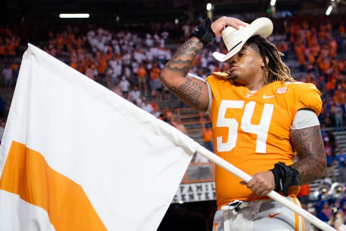 Tennessee Volunteers OT Gerald Mincey after a 2022 win over Florida. (Photo by Brianna Paciorka of the News Sentinel)